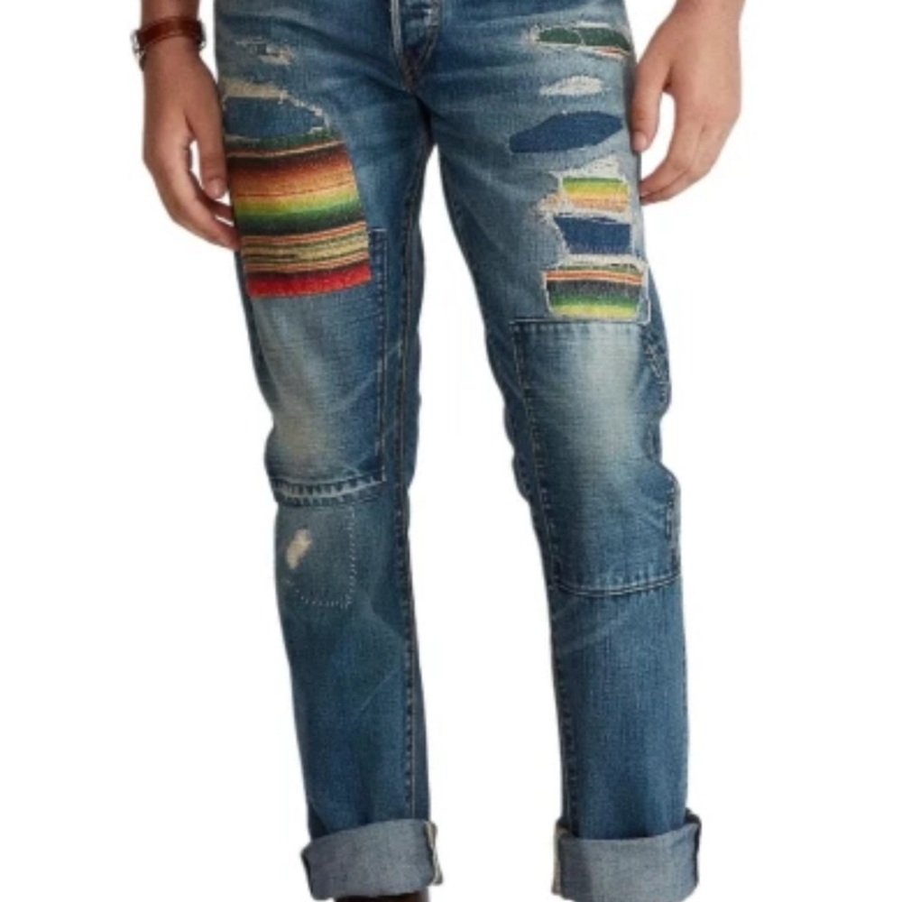 Ralph Lauren Men's Blue Jeans with Multicolor Patchwork